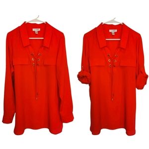 Calvin Klein Red Lace Up Pullover Long Tab & Button Sleeve Blouse - Sz XL